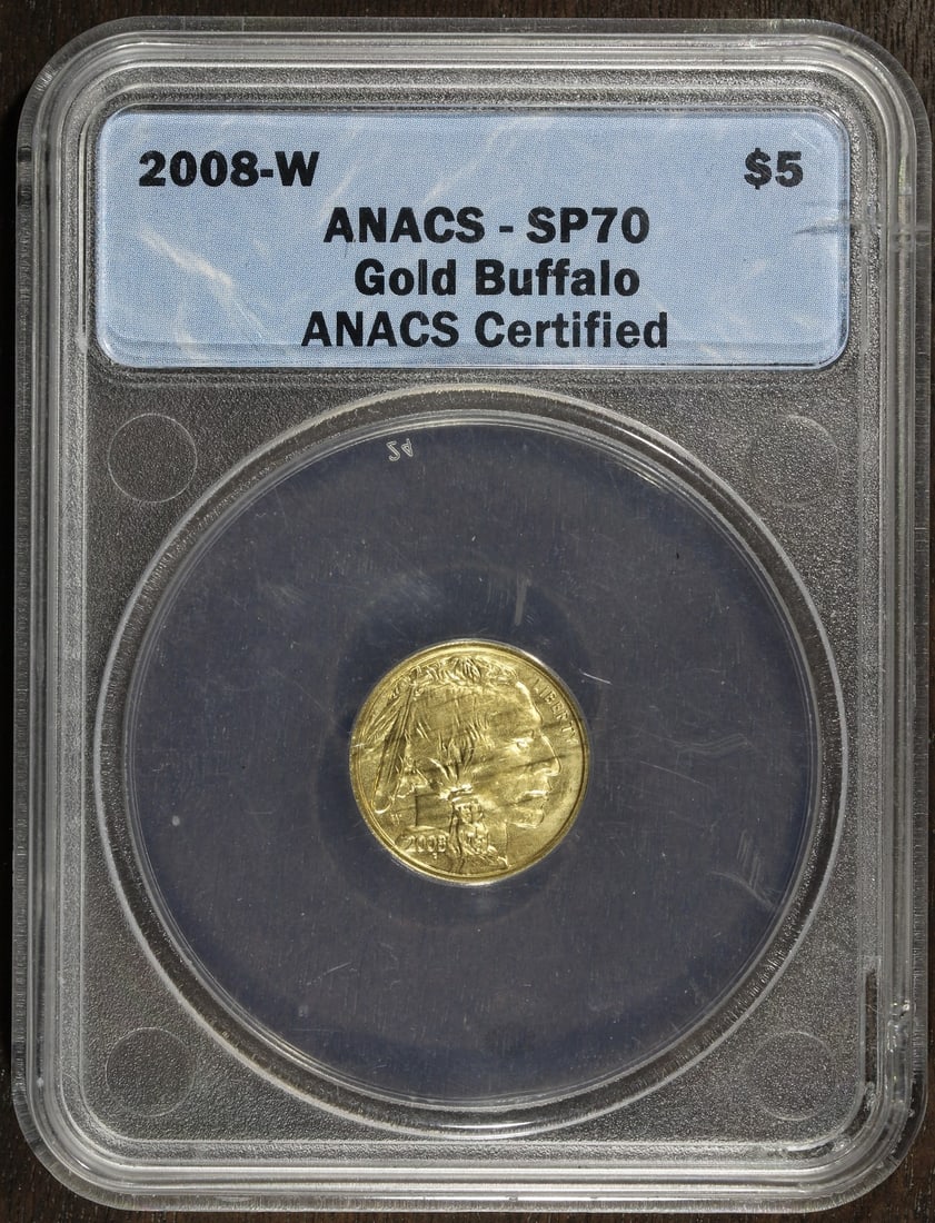 ANACS 2008-W Gold Buffalo 1 10 oz MS70: ANACS 2008-W Gold Buffalo 1 10 oz MS70 This 2008 American Gold Buffalo coin is struck in 1/10 oz of .9999 fine gold and was produced by the U.S. Mint. Certified and graded MS 70 by ANACS, this pre-own
