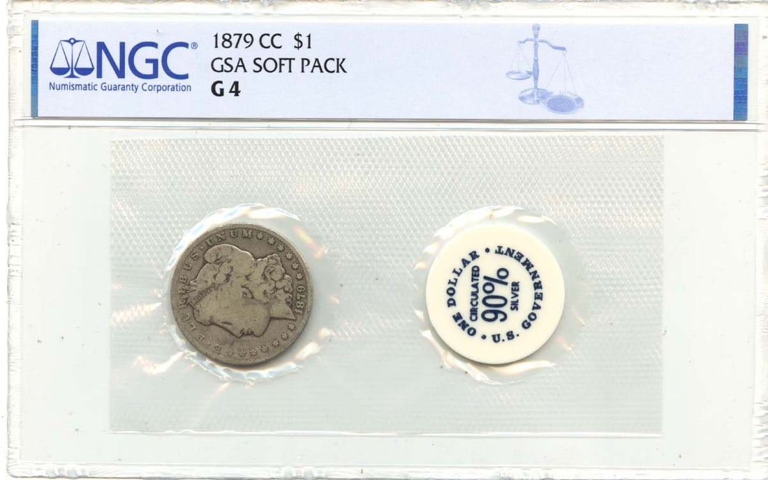 1879 Carson City Morgan Silver Dollar GSA Soft Pack NGC Graded G4: 1879 Carson City Morgan Silver Dollar GSA Soft Pack NGC Graded G4 This 1879-CC Morgan Dollar is certified by NGC with a grade of G4. Minted in Carson City, this circulated coin is presented in a GSA s