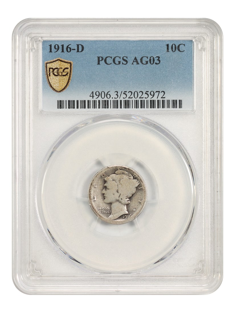 PCGS AG03 1916-D Mercury Dime 10C Key Date Coin: PCGS AG03 1916-D Mercury Dime 10C Key Date Coin 1916-D Mercury Dime, denomination 10C, from the Denver mint. This circulated coin is certified by PCGS with certification number 52025972 and graded AG0