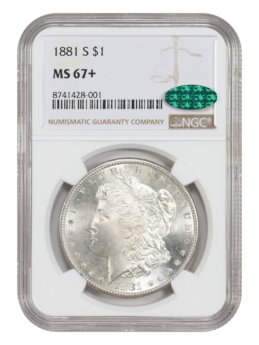NGC MS67+ 1881-S Morgan Dollar $1 Uncirculated Coin: NGC MS67+ 1881-S Morgan Dollar $1 Uncirculated Coin 1881-S Morgan Dollar certified by NGC and CAC in MS67+ grade. This uncirculated example is from the San Francisco Mint and is described as a popular