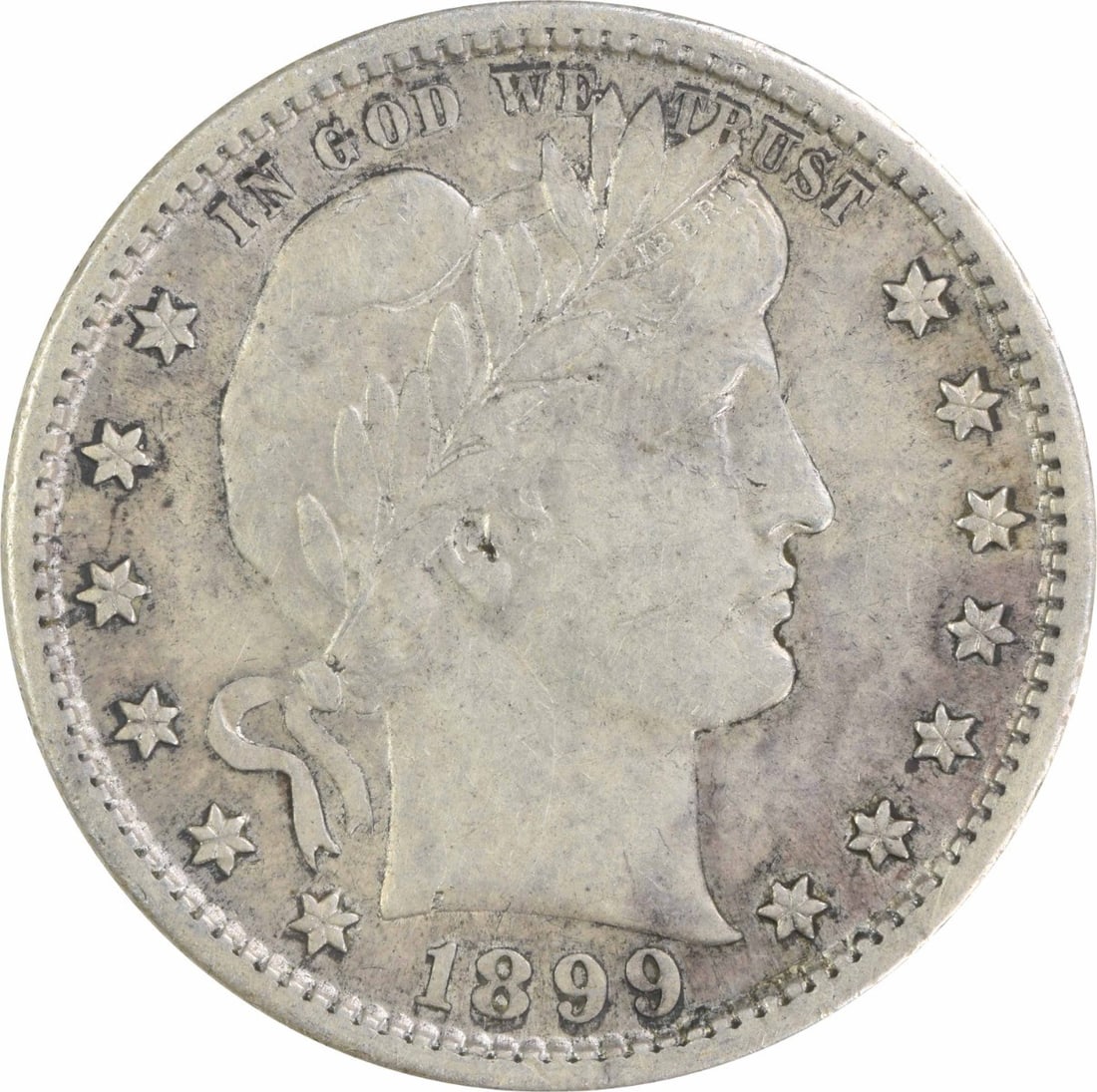 1899 S 25C Barber Quarter Silver EF Uncertified: 1899 S 25C Barber Quarter Silver EF Uncertified 1899-S Barber silver quarter in circulated, pre-owned condition with a Choice EF grade. This uncertified United States 25C coin is composed of silver an