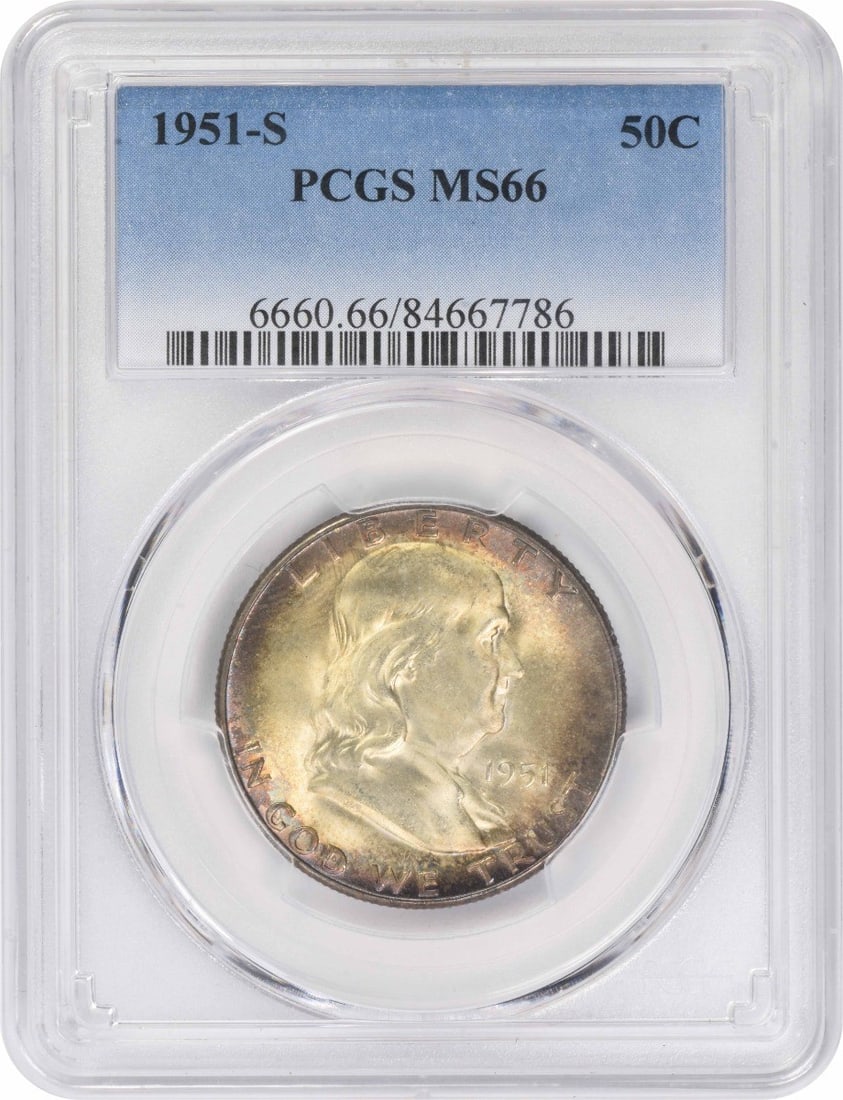 PCGS MS66 1951 S Franklin 50C Silver Half Dollar: PCGS MS66 1951 S Franklin 50C Silver Half Dollar 1951-S Franklin Silver Half Dollar graded MS66 by PCGS. This uncirculated United States 50C coin features the Franklin design and is struck in 90% silv