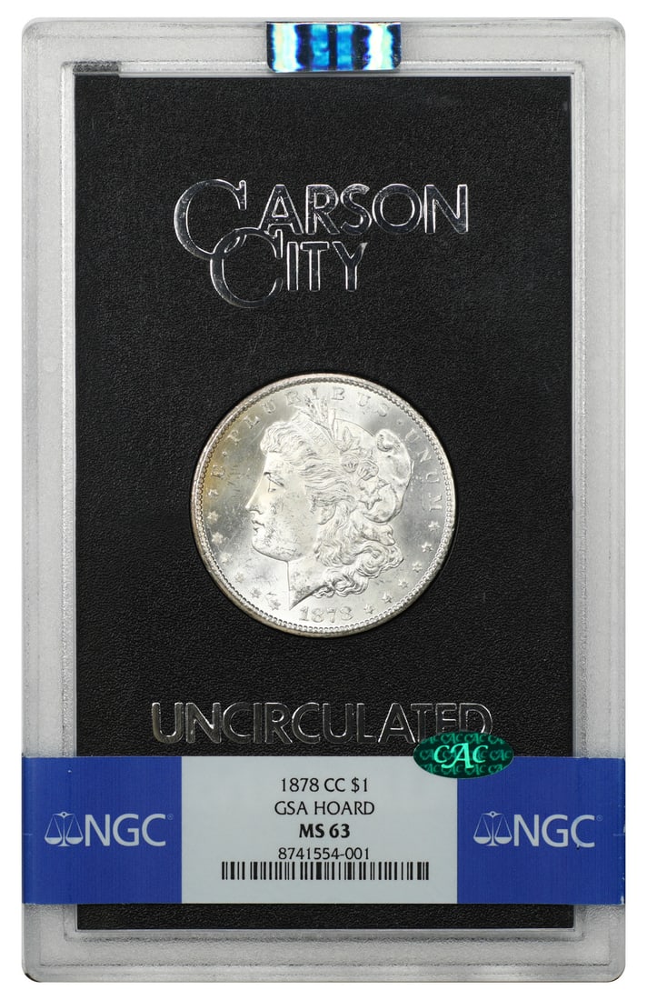 1878 Carson City Morgan Dollar $1 NGC MS63 GSA: 1878 Carson City Morgan Dollar $1 NGC MS63 GSA 1878-CC Morgan Dollar, GSA issue, housed in the original hard case and graded MS63 by NGC with CAC approval. This uncirculated original example is a Cars
