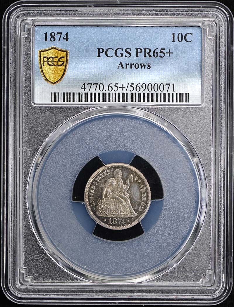 PCGS PR65+ 1874 Arrows Seated Liberty Dime Proof: PCGS PR65+ 1874 Arrows Seated Liberty Dime Proof This 1874 Liberty Seated Dime features the Arrows design and has been graded PR65+ by PCGS. Struck as a proof coin at the Philadelphia Mint, it is unci