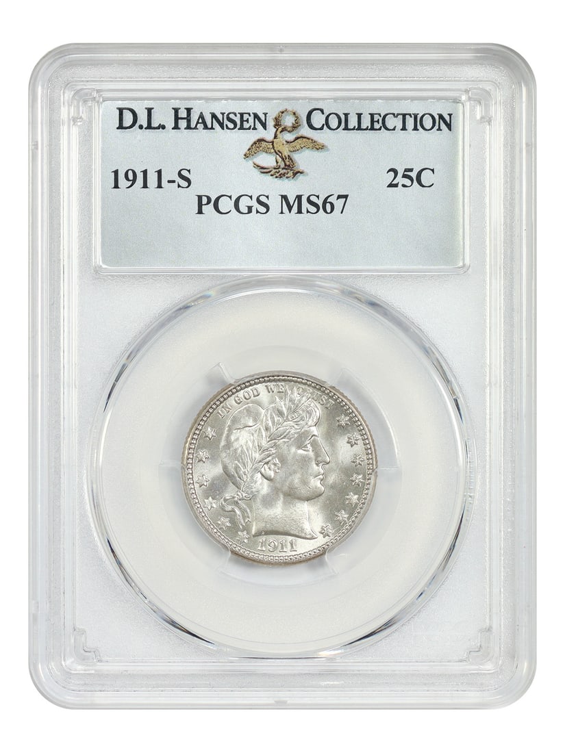 Barber Quarter 1911-S 25C PCGS MS67 ex D.L. Hansen: Barber Quarter 1911-S 25C PCGS MS67 ex D.L. Hansen 1911-S Barber Quarter certified by PCGS as MS67 and offered as an uncirculated example. This conditionally tough coin comes from a mintage of 988,000