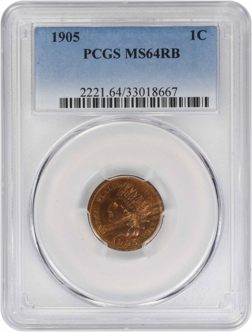 1905 Indian Head Small Cent PCGS MS64RB Certified: 1905 Indian Head Small Cent PCGS MS64RB Certified This 1905 Indian Head Cent is graded MS64RB by PCGS, indicating an uncirculated coin with a mix of original red and brown color. The coin is composed 