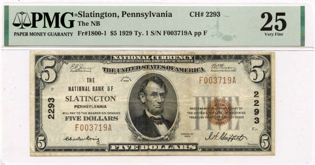1929 $5 National Bank Note Slatington PA PMG VF25: 1929 $5 National Bank Note Slatington PA PMG VF25 This 1929 $5 note from the National Bank of Slatington, Pennsylvania, is a notable piece for collectors. It is certified by PMG with a grade of VF25, 