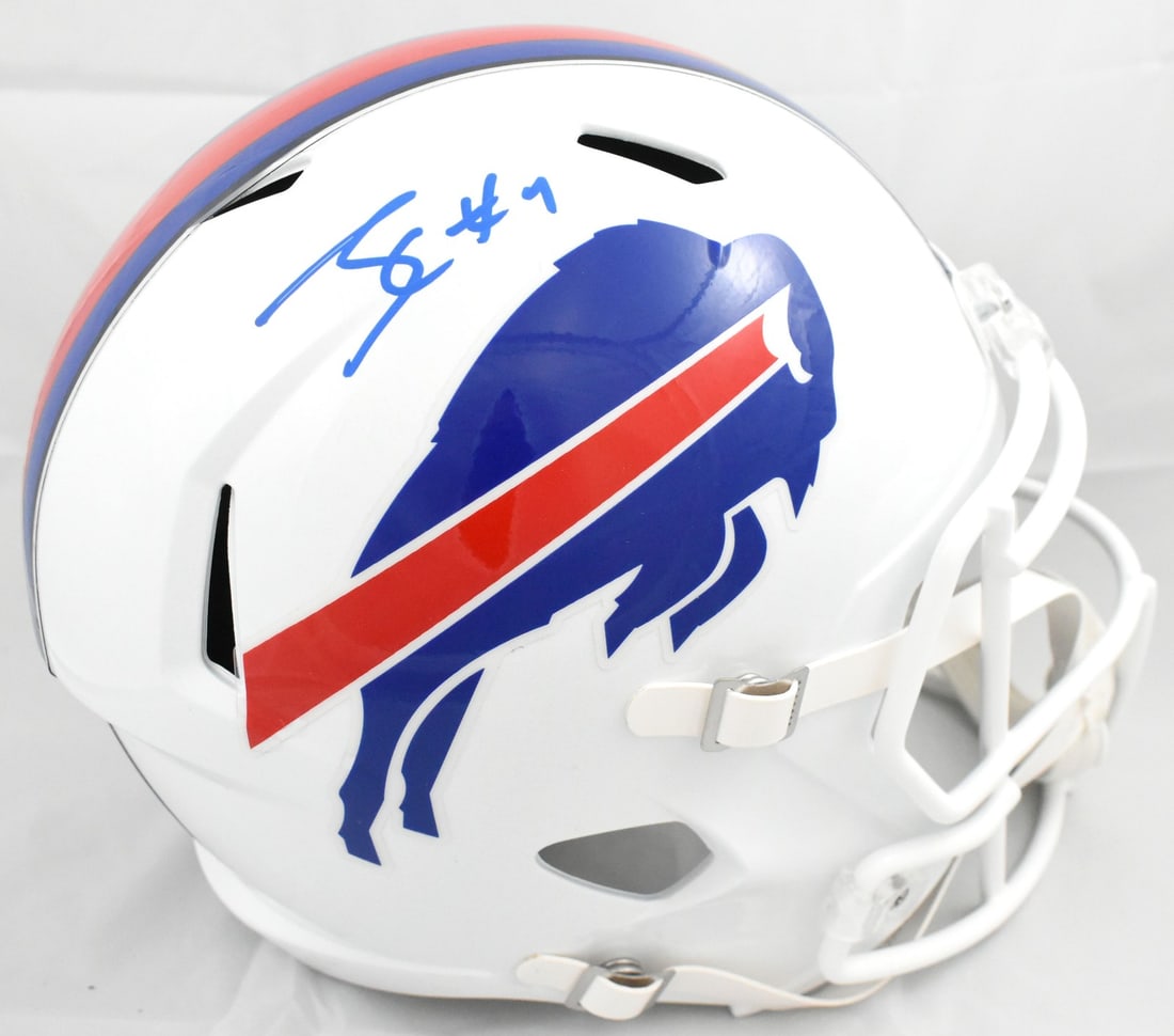 James Cook Signed Buffalo Bills Full Size Speed Helmet JSA Blue: James Cook Signed Buffalo Bills Full Size Speed Helmet JSA Blue This Buffalo Bills full-size Speed helmet is autographed by James Cook. It is an original item and comes in pre-owned condition. The hel