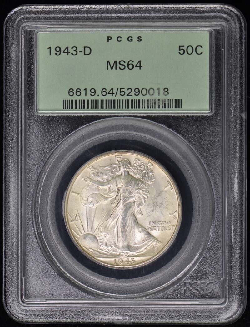 1943-D Walking Liberty Half Dollar PCGS MS64 Uncirculated: 1943-D Walking Liberty Half Dollar PCGS MS64 Uncirculated This 1943-D Walking Liberty Half Dollar is a remarkable piece, certified by PCGS with a grade of MS64, indicating it is in uncirculated condit