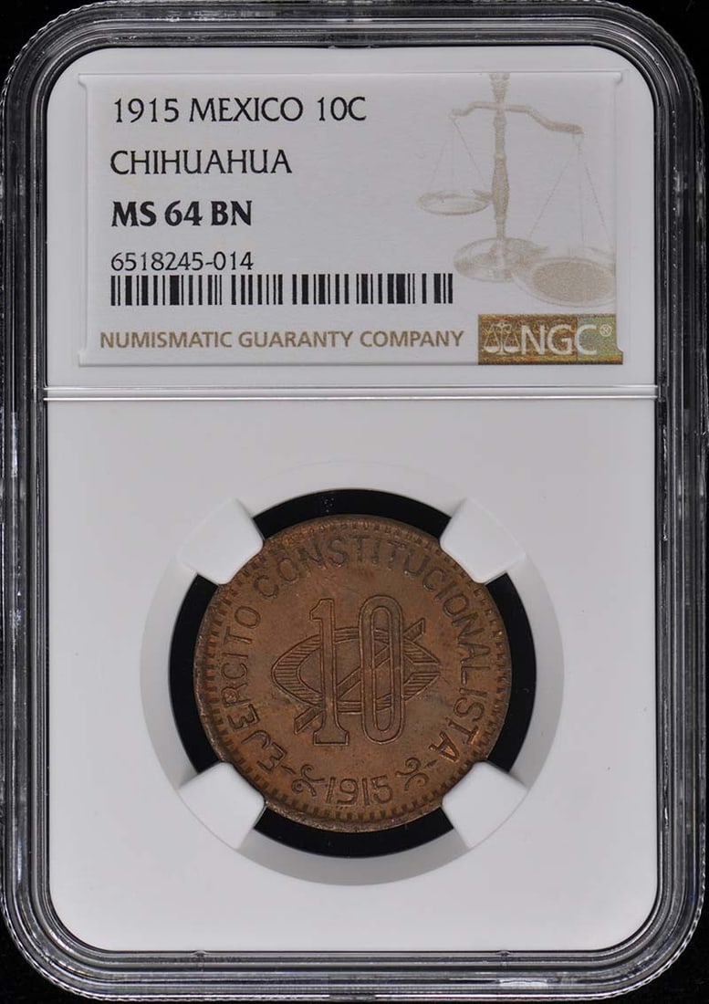 1915 Mexico Chihuahua 10 Cent Coin NGC MS64 Uncirculated: 1915 Mexico Chihuahua 10 Cent Coin NGC MS64 Uncirculated This 1915 Mexico Chihuahua 10 Centavos coin is graded MS64 by NGC, indicating it is in uncirculated condition. The coin, a significant piece of