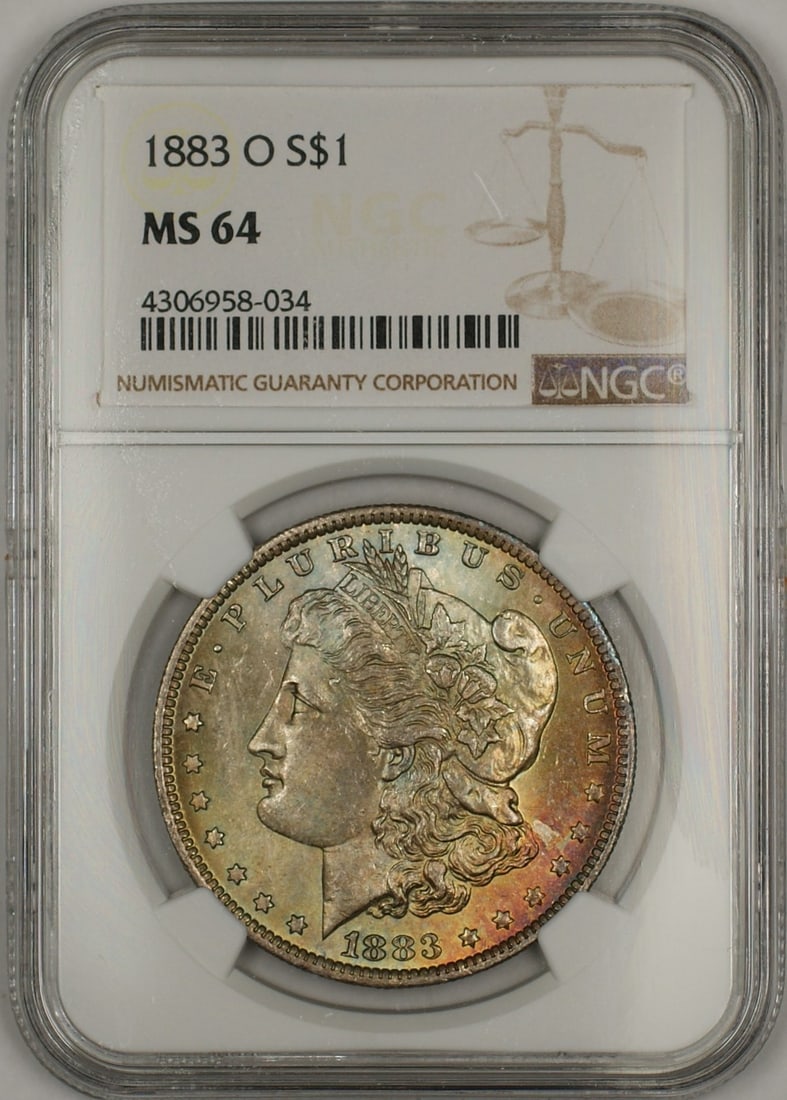 NGC MS-64 1883-O Morgan Silver Dollar with Attractive Toned Obverse: NGC MS-64 1883-O Morgan Silver Dollar with Attractive Toned Obverse This 1883-O Morgan Silver Dollar is a $1 coin graded MS-64 by NGC. It features a nicely toned obverse and was minted in New Orleans.