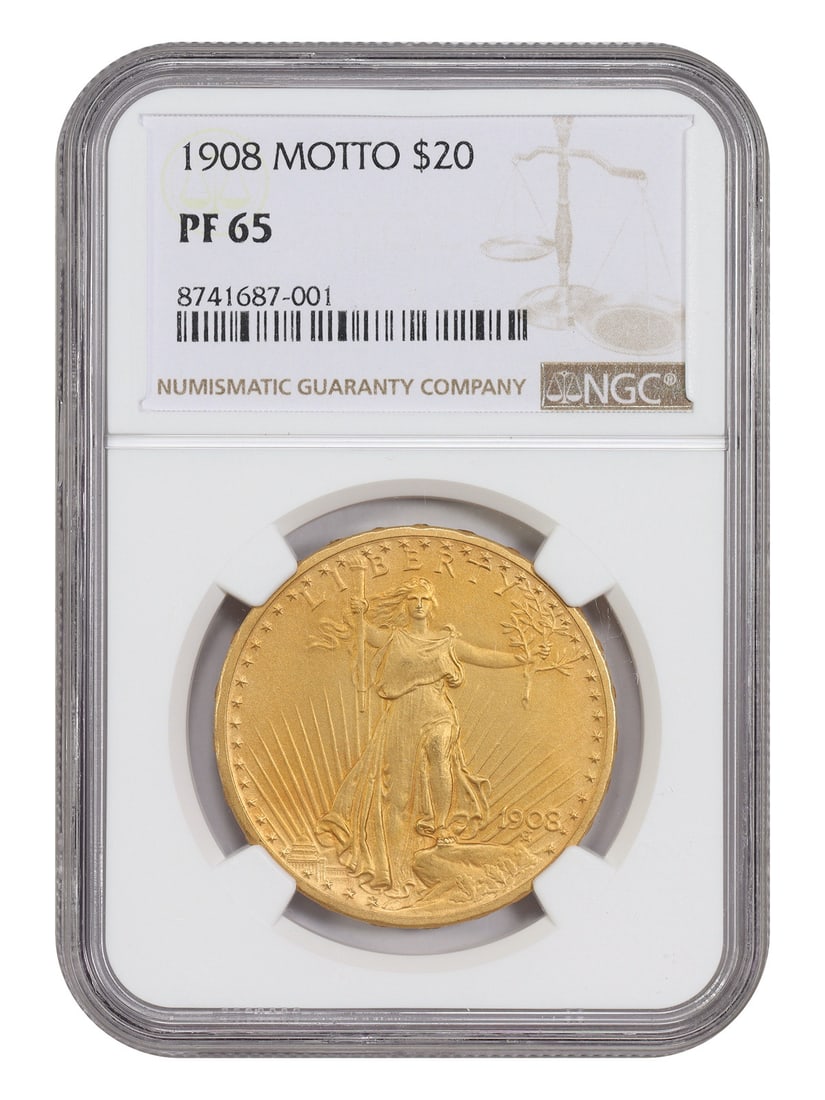 1908 St. Gaudens $20 Gold Coin NGC PR65 With Motto: 1908 St. Gaudens $20 Gold Coin NGC PR65 With Motto This 1908 $20 St. Gaudens $20 proof coin is certified by NGC and graded PR65. Struck in Philadelphia, it is described as an exceedingly rare and seld