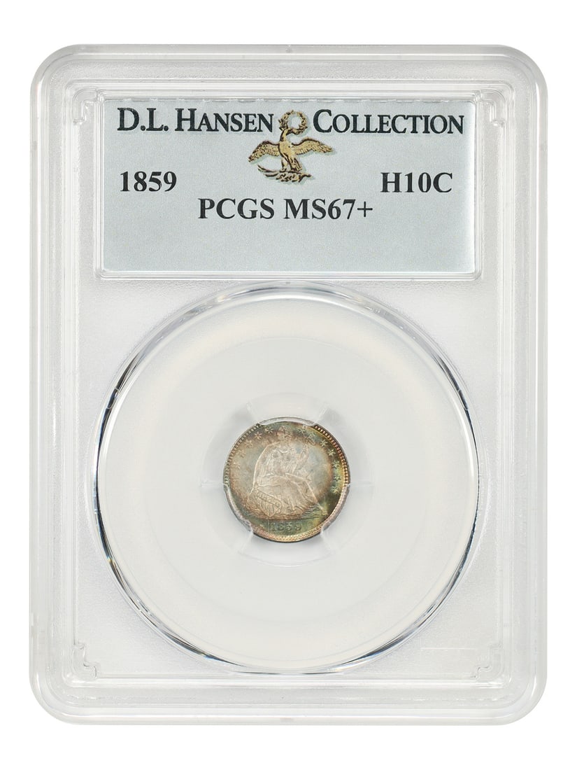 Liberty Seated Half Dime 1859 H10C PCGS MS67+ ex D.L. Hansen: Liberty Seated Half Dime 1859 H10C PCGS MS67+ ex D.L. Hansen 1859 Liberty Seated Half Dime certified by PCGS as MS67+ and pedigreed ex: D.L. Hansen. This Philadelphia issue is identified in the origin