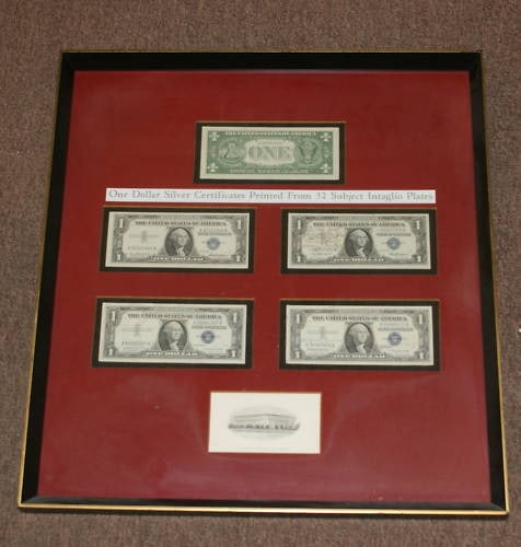 Framed Display of 5 Uncirculated 1957 $1 Silver Certificates with 2 Autographs (1 of 7)