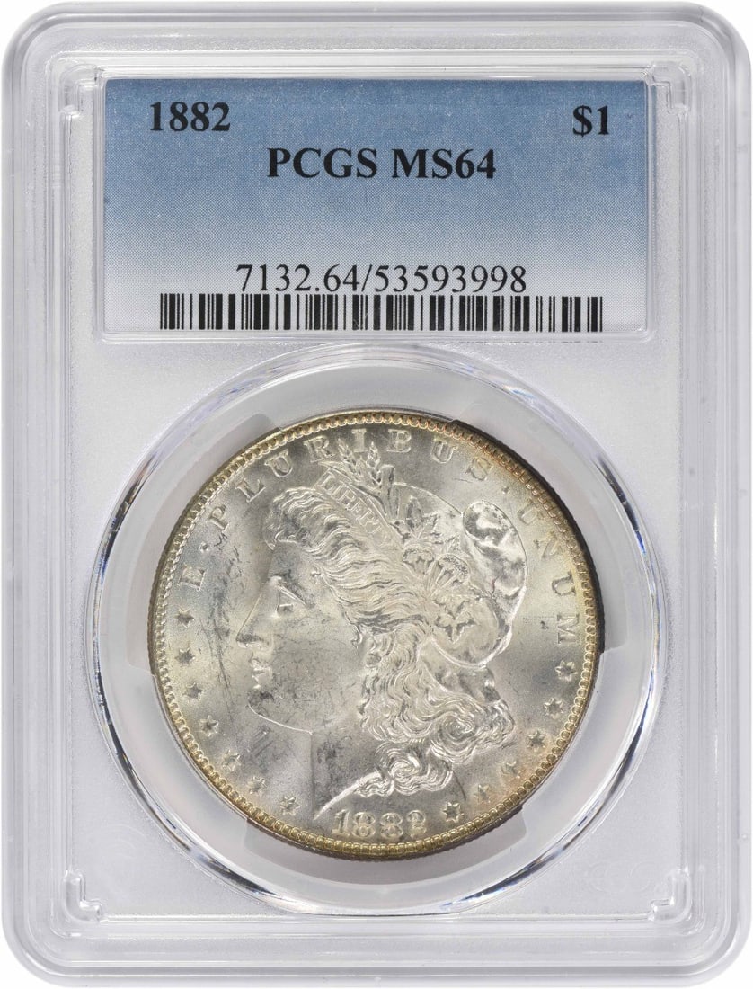 PCGS MS64 1882 Philadelphia Morgan Dollar 90 Percent Silver Uncirculated: PCGS MS64 1882 Philadelphia Morgan Dollar 90 Percent Silver Uncirculated This 1882 Morgan Silver Dollar is graded MS64 by PCGS and was minted in Philadelphia with no mint mark. Composed of 90% silver 