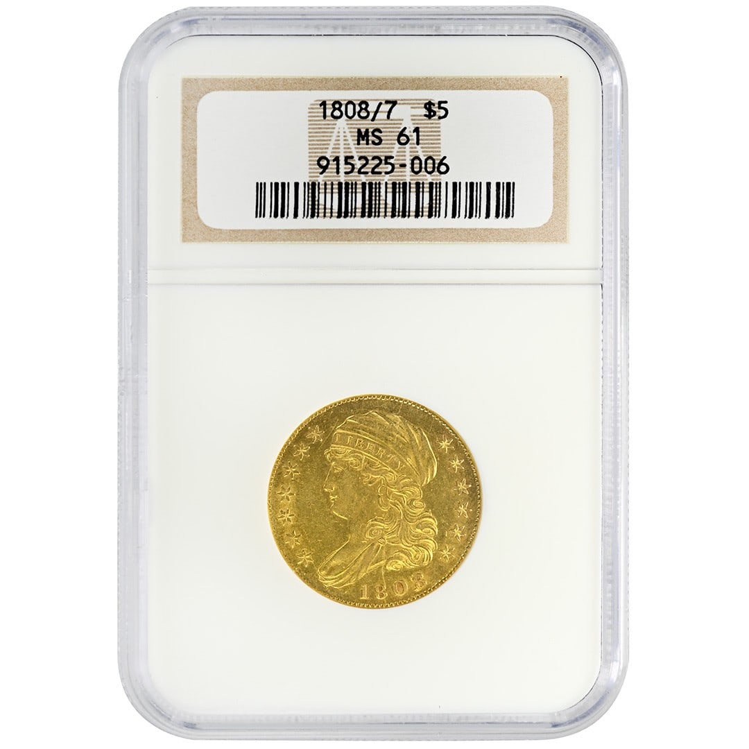 1808 Gold $5 Type 1 Capped Bust Large Bust NGC MS61: 1808 Gold $5 Type 1 Capped Bust Large Bust NGC MS61 Rare 1808/7 $5 Capped Bust gold coin graded MS61 by NGC. This uncirculated United States coin is identified as a Type 1 Capped Bust, Large Bust issu