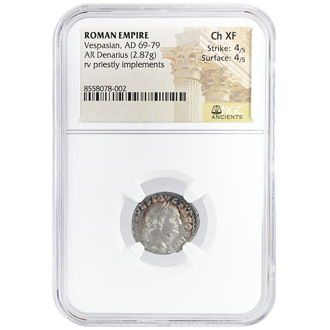 NGC Ch XF Vespasian AD 69-79 Silver Denarius 2.87g Roman Coin: NGC Ch XF Vespasian AD 69-79 Silver Denarius 2.87g Roman Coin Ancient Roman AR denarius of Vespasian, certified by NGC and graded CH XF. This pre-owned silver coin is attributed to the reign of Vespas