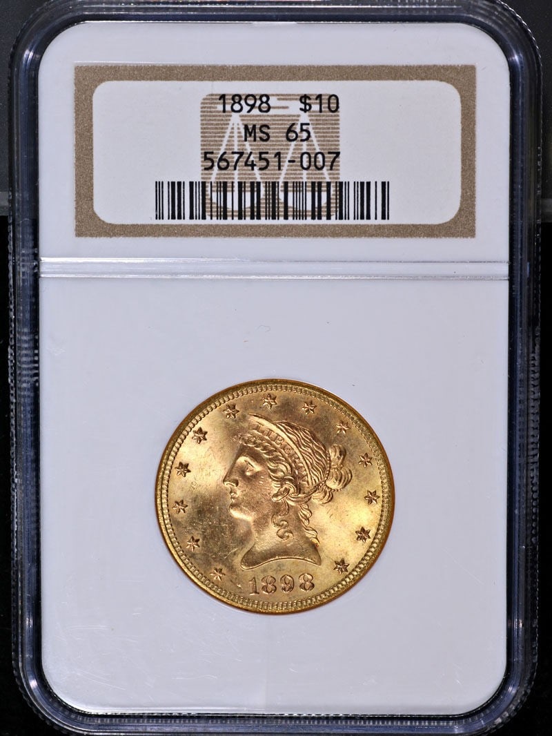 1898 Philadelphia Liberty Gold Eagle NGC MS65 Uncirculated Coin: 1898 Philadelphia Liberty Gold Eagle NGC MS65 Uncirculated Coin This stunning 1898-P Liberty Gold $10 coin showcases exceptional eye appeal, characterized by its fantastic luster and strong strike. Th