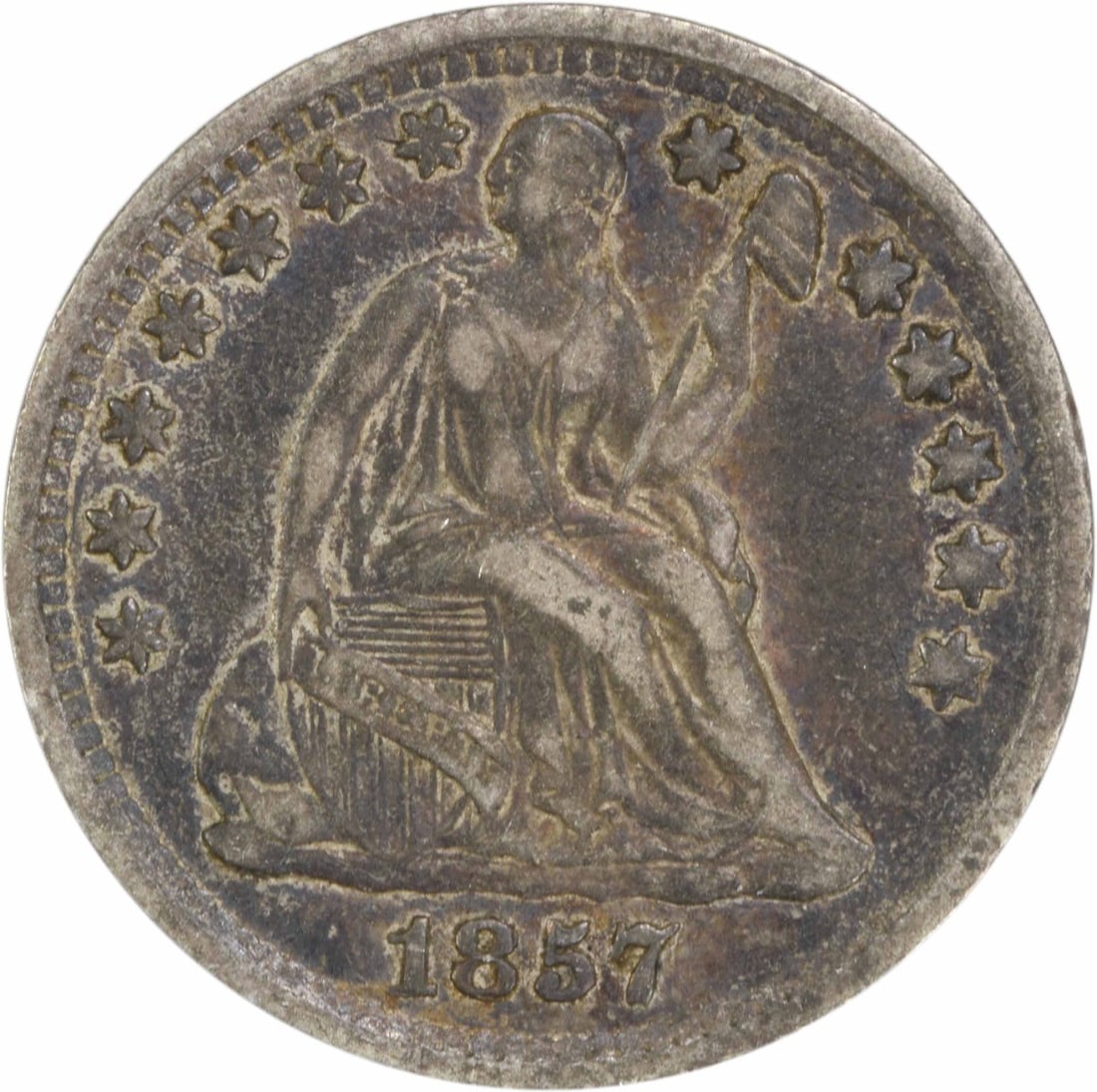 1857 Liberty Seated Half Dime EF Uncertified 90% Silver: 1857 Liberty Seated Half Dime EF Uncertified 90% Silver This 1857 Liberty Seated Silver Half Dime is a historically significant coin, originating from the United States. It features a denomination of 