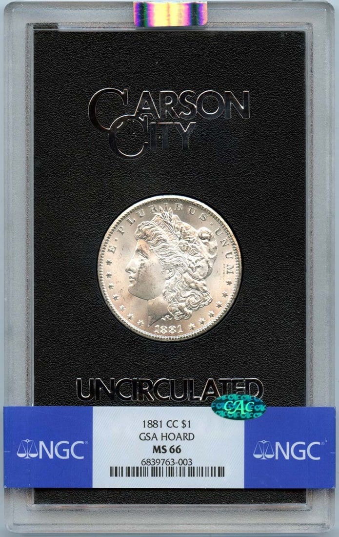 NGC MS66 CAC 1881 Carson City Morgan Dollar GSA Hoard Silver Coin: NGC MS66 CAC 1881 Carson City Morgan Dollar GSA Hoard Silver Coin This is an 1881-CC Morgan Dollar from the GSA Hoard, graded MS66 by NGC and approved by CAC. This uncirculated silver coin was minted 