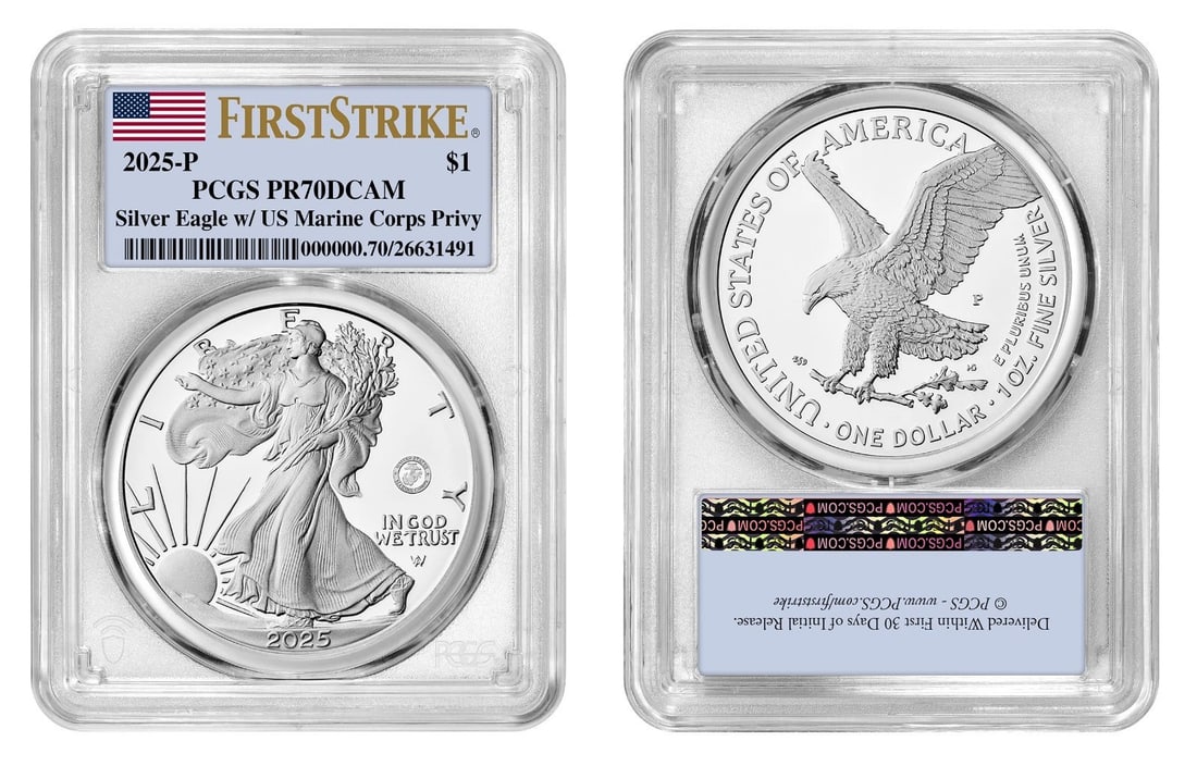 2025-P PR70 Proof American Silver Eagle U.S. Marine Privy First Strike PCGS: 2025-P PR70 Proof American Silver Eagle U.S. Marine Privy First Strike PCGS This 2025 Proof American Silver Eagle features the U.S. Marine Privy mark, celebrating the esteemed branch of the U.S. milit