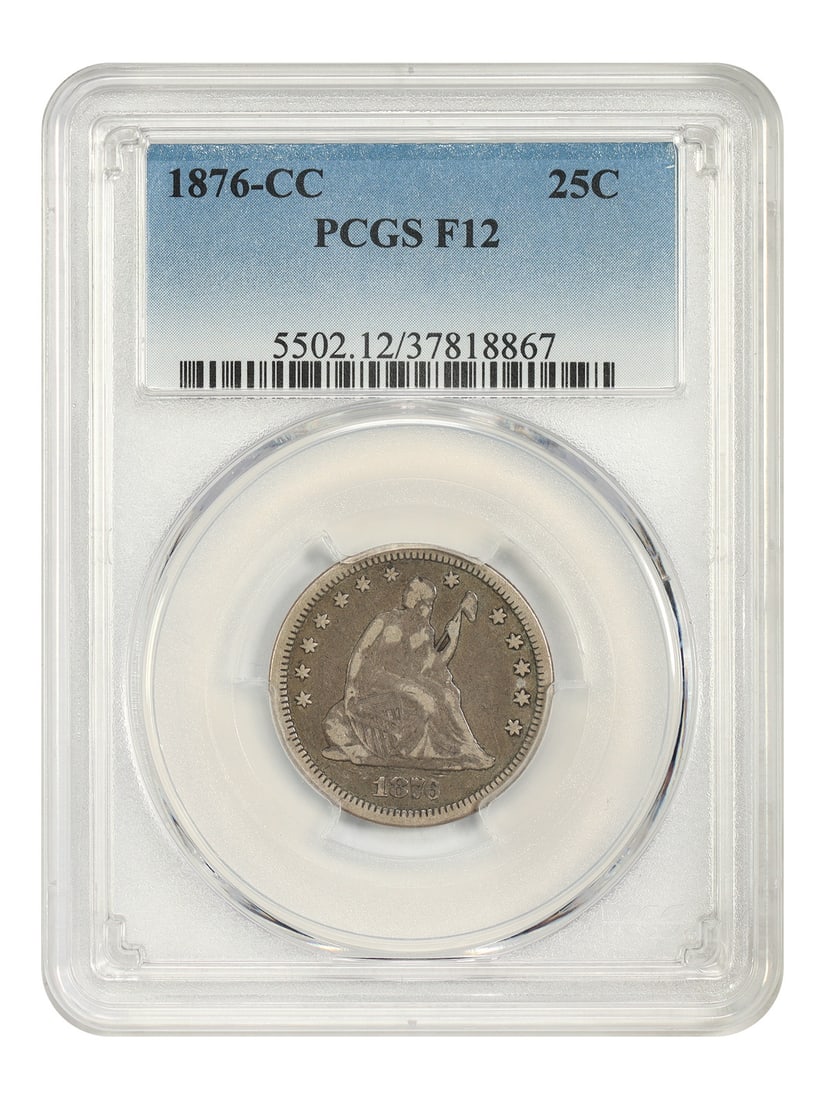PCGS F12 1876-CC Liberty Seated Quarter 25C: PCGS F12 1876-CC Liberty Seated Quarter 25C 1876-CC Liberty Seated Quarter certified by PCGS in Fine 12 condition. This circulated, pre-owned coin is a Carson City issue with the 25C denomination. Spe