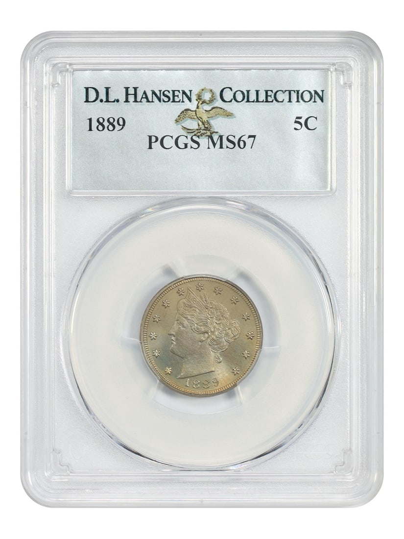 1889 Liberty Nickel 5C PCGS MS67 Philadelphia: 1889 Liberty Nickel 5C PCGS MS67 Philadelphia 1889 Liberty Nickel certified by PCGS in MS67. PCGS reports just a single example graded higher, a MS67+, among the finest known for this otherwise availa