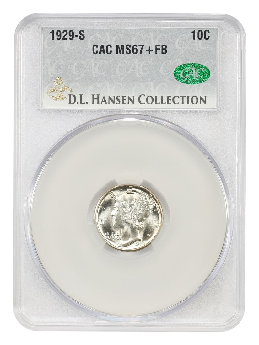 Mercury Dime 1929-S 10C CACG MS67+FB ex D.L. Hansen: Mercury Dime 1929-S 10C CACG MS67+FB ex D.L. Hansen 1929-S Mercury Dime certified by CACG as MS67+FB. This uncirculated example is described as a conditionally rare survivor among 1929-S dimes, with n