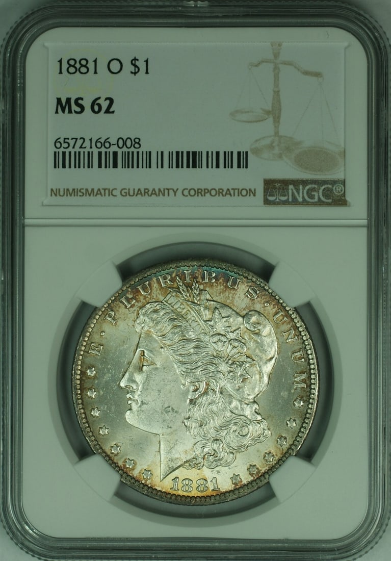 NGC MS-62 1881-O Morgan Silver Dollar with Attractive Toning: NGC MS-62 1881-O Morgan Silver Dollar with Attractive Toning This is an 1881-O Morgan Silver Dollar $1 coin, certified by NGC with a grade of MS-62. Minted in New Orleans, the coin features silver com