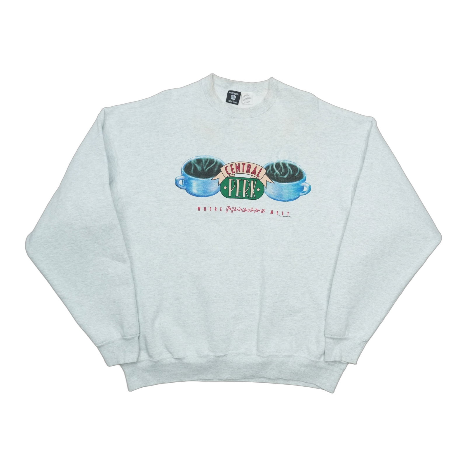 Vintage Friends Central Perk Grey Cotton Blend Sweatshirt XXL: Vintage Friends Central Perk Grey Cotton Blend Sweatshirt XXL This is an original vintage 1995 Friends Central Perk sweatshirt featuring a front graphic inspired by the iconic television series. The s