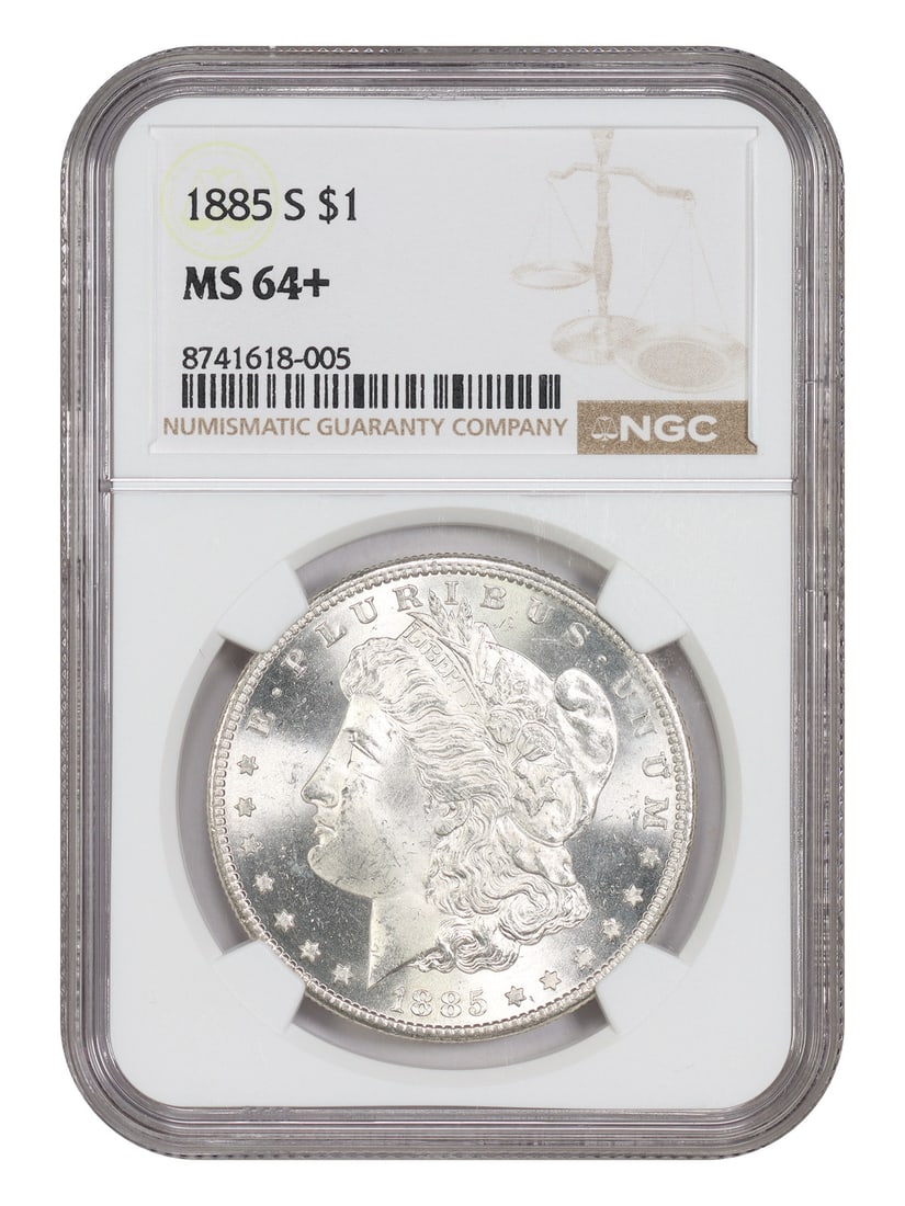 NGC MS64+ 1885-S Morgan Dollar $1 San Francisco Mint: NGC MS64+ 1885-S Morgan Dollar $1 San Francisco Mint 1885-S Morgan Dollar $1 certified by NGC with MS64+ grade. This San Francisco issue is described as a better-date Morgan Dollar with flashy, hammer