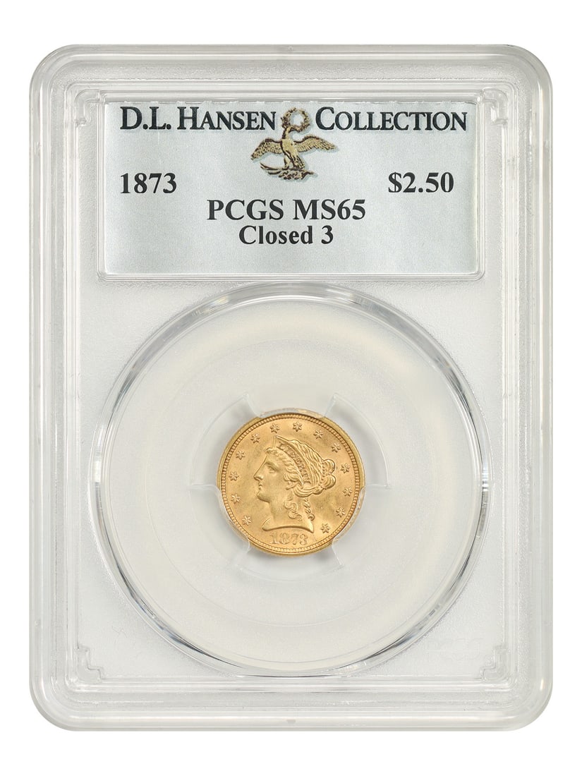 PCGS MS65 1873 Liberty Head Quarter Eagle Closed 3 $2.50: PCGS MS65 1873 Liberty Head Quarter Eagle Closed 3 $2.50 1873 Liberty Head $2.50 Quarter Eagle certified by PCGS MS65 with the Closed 3 variety. It is from Philadelphia and is uncirculated. A decently