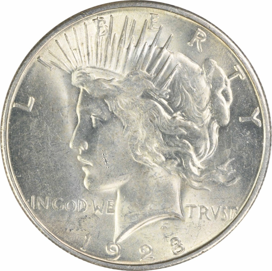 Uncirculated 1928 S Peace Dollar Silver $1 Uncertified: Uncirculated 1928 S Peace Dollar Silver $1 Uncertified 1928-S Peace Silver Dollar offered in uncirculated, pre-owned condition. This uncertified $1 coin is struck in silver and identified as KM 150. S