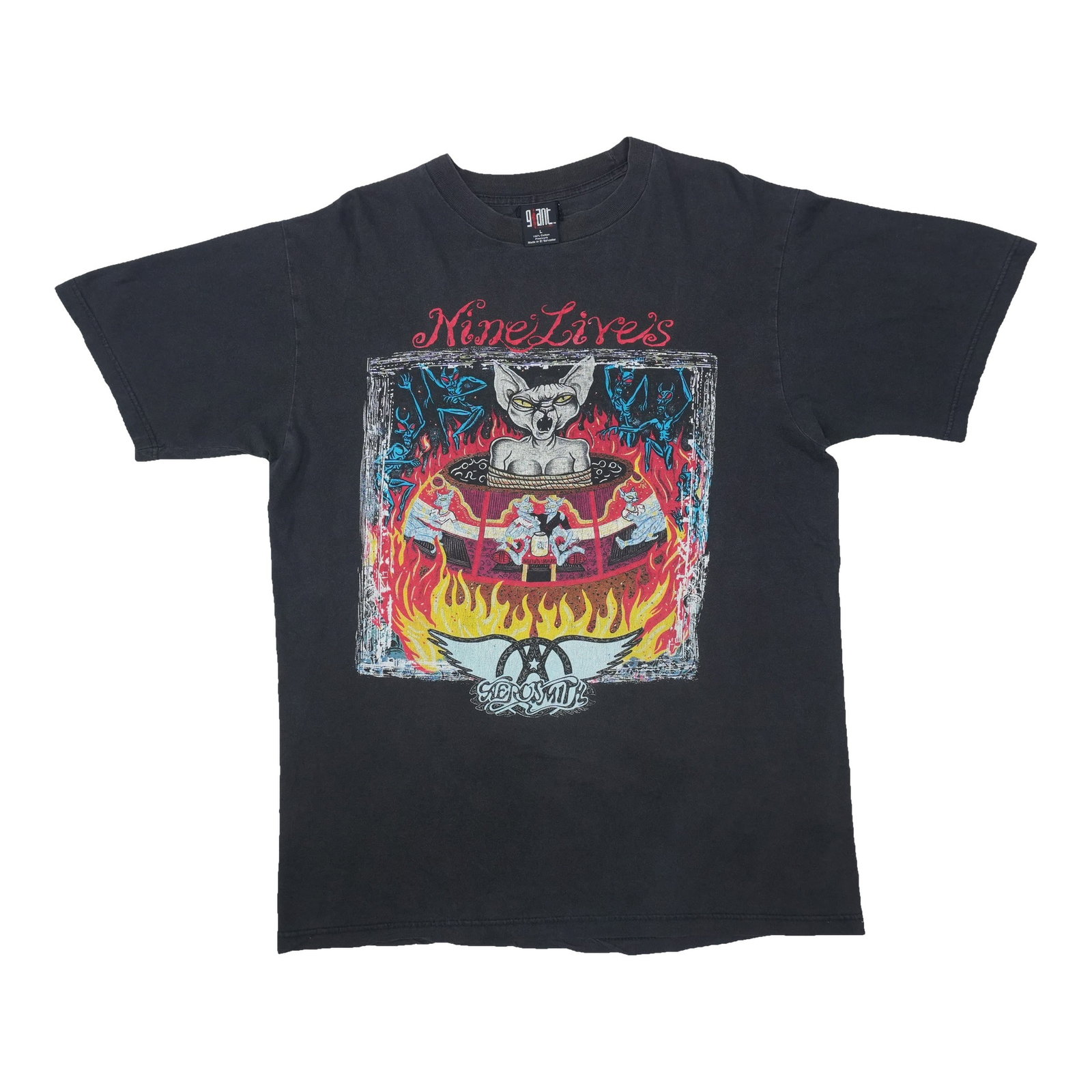 Aerosmith Nine Lives 1997 Vintage Black Cotton T Shirt Large: Aerosmith Nine Lives 1997 Vintage Black Cotton T Shirt Large Original vintage 1997 Aerosmith Nine Lives shirt. This is a true vintage shirt, not a modern reproduction. It is in good condition with no 