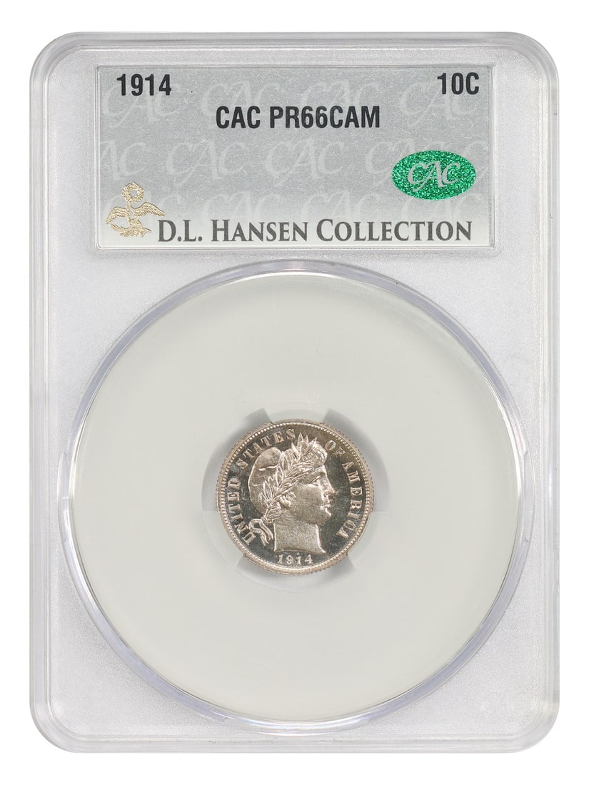 1914 Barber Dime 10C CACG PR66CAM ex D.L. Hansen: 1914 Barber Dime 10C CACG PR66CAM ex D.L. Hansen 1914 Barber Dime certified by CACG as PR66CAM and pedigreed ex: D.L. Hansen. This proof issue is the lowest mintage in the Barber dime series, with onl