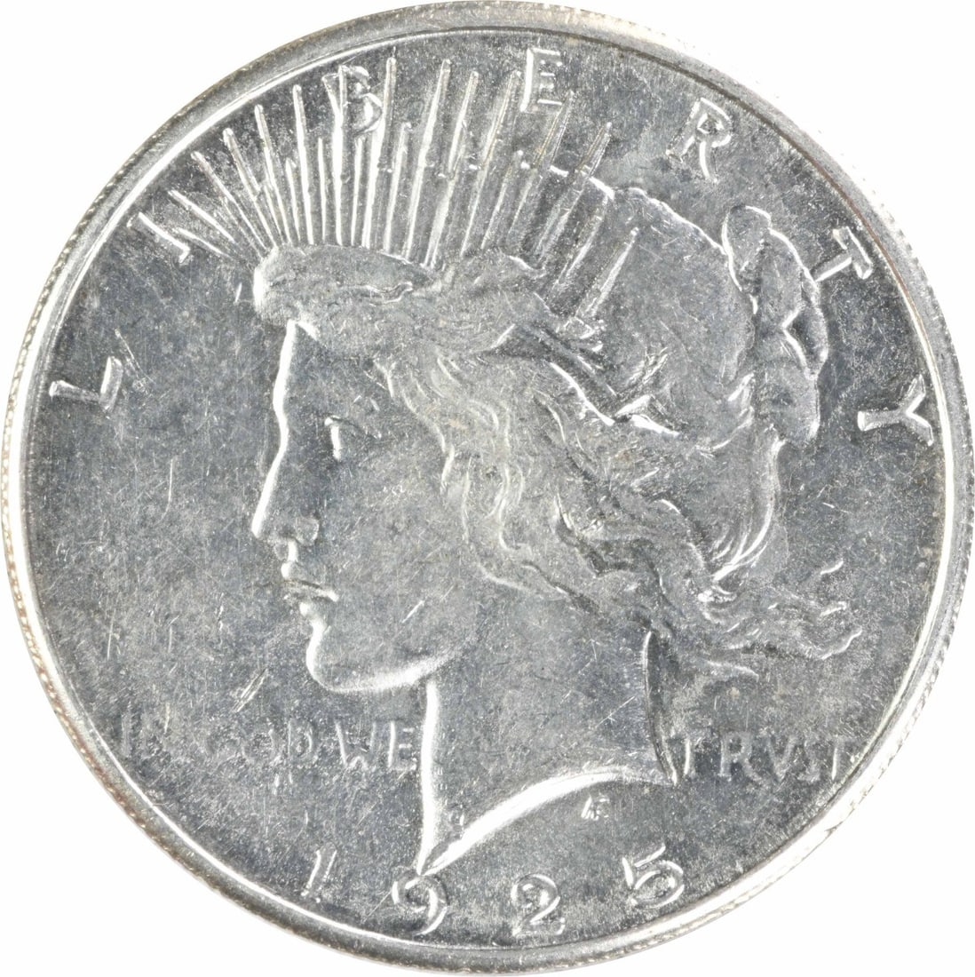 1925 S Peace Dollar Silver $1 Uncirculated Uncertified: 1925 S Peace Dollar Silver $1 Uncirculated Uncertified 1925-S Peace silver dollar offered uncertified and uncirculated. This pre-owned United States $1 coin is struck in silver and identified as KM 15
