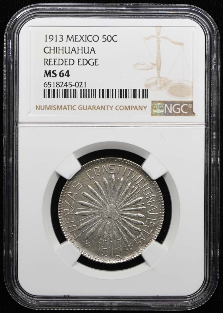 NGC MS64 1913 Mexico Chihuahua 50C KM-608 GB-76 Coin: NGC MS64 1913 Mexico Chihuahua 50C KM-608 GB-76 Coin 1913 Mexico Chihuahua 50 centavos coin, cataloged as KM-608 and GB-76. This pre-owned example is certified by NGC and graded MS64, with an uncircul