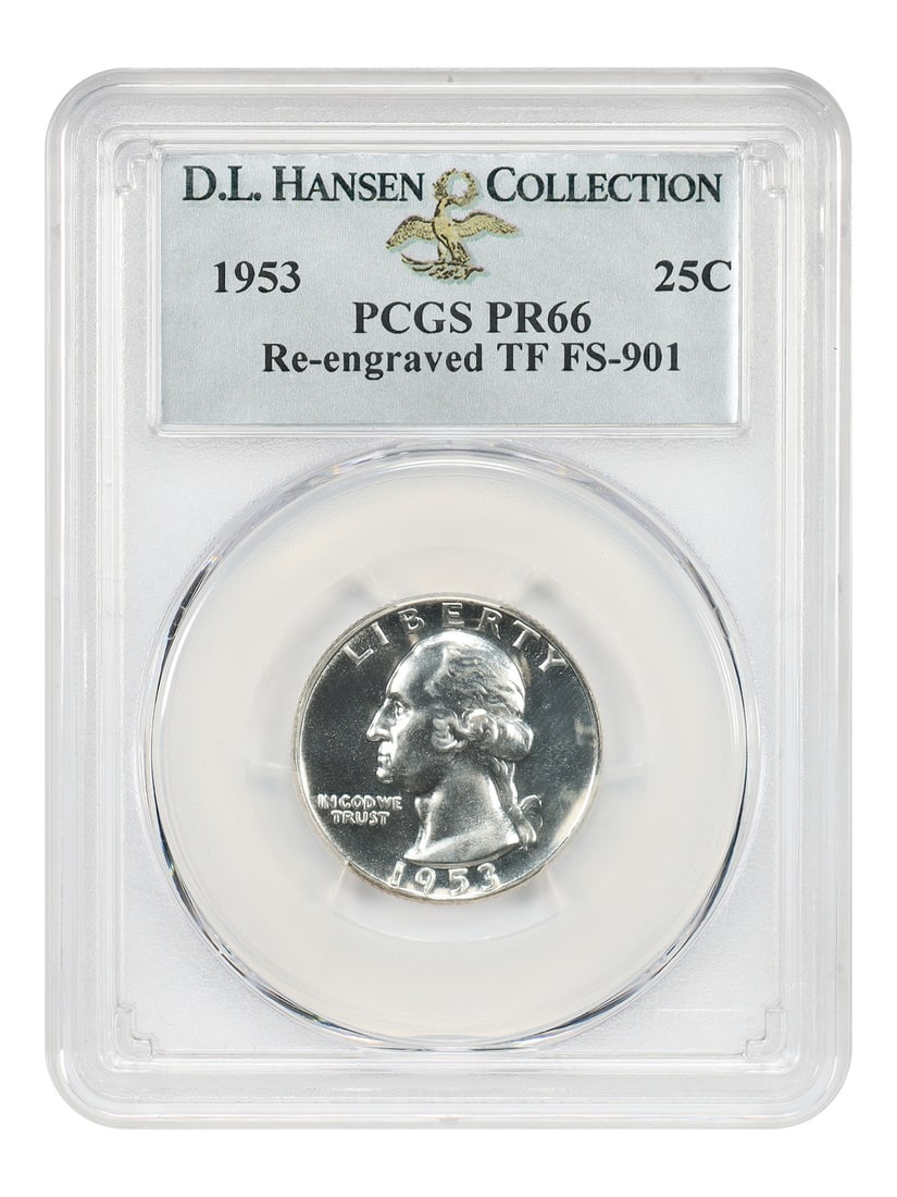 Washington Quarter 1953 25C PCGS PR66 FS-901 Re-engraved TF ex D.L. Hansen: Washington Quarter 1953 25C PCGS PR66 FS-901 Re-engraved TF ex D.L. Hansen 1953 Washington Quarter, denomination 25C, certified by PCGS as PR66. This Philadelphia issue features the Re-engraved TF, FS