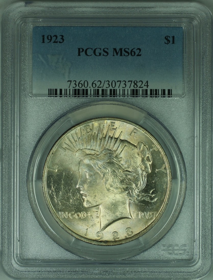 PCGS MS62 1923 Peace Dollar Silver Coin Philadelphia Mint Certified: PCGS MS62 1923 Peace Dollar Silver Coin Philadelphia Mint Certified This is a 1923 Peace Silver Dollar graded MS-62 by PCGS. Produced at the Philadelphia Mint, this uncirculated coin is composed of si