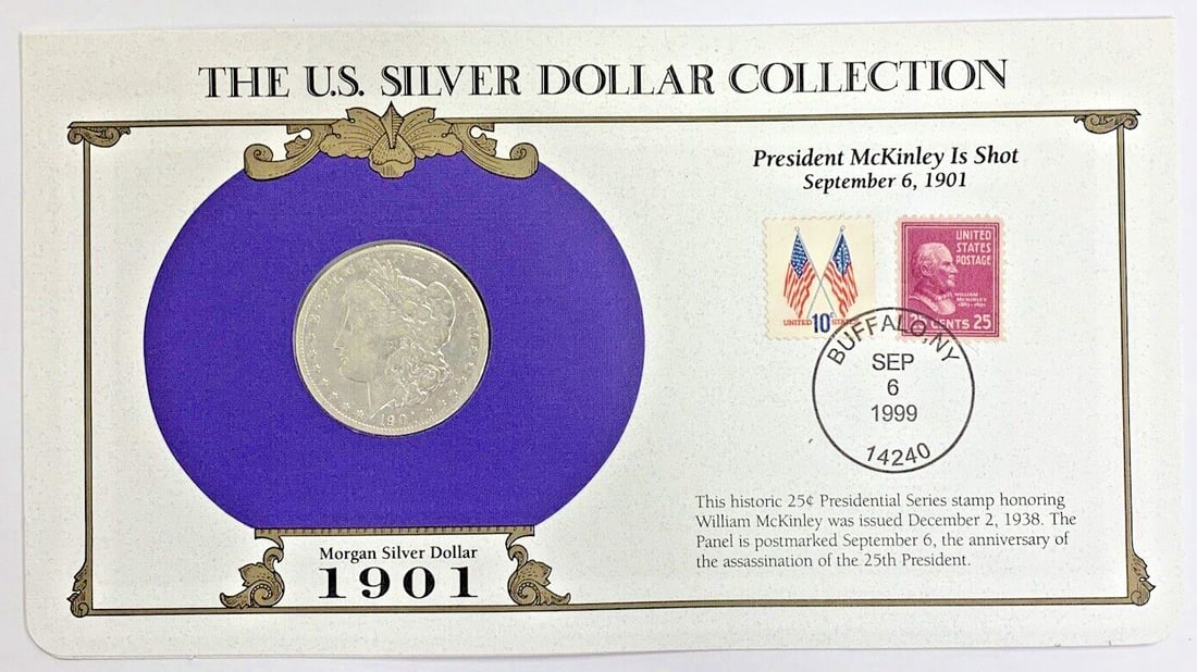 1901-O Morgan Dollar Silver Coin with Commemorative Stamp Card Presentation: 1901-O Morgan Dollar Silver Coin with Commemorative Stamp Card Presentation This listing features a 1901-O Morgan Silver Dollar $1 coin from the United States, minted in New Orleans. The coin is compo