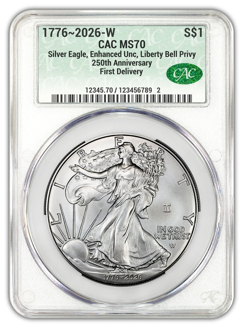 CAC MS70 2026-W American Silver Eagle $1 Enhanced Uncirculated: CAC MS70 2026-W American Silver Eagle $1 Enhanced Uncirculated 2026-W Enhanced Uncirculated American Silver Eagle $1 coin, graded MS70 and CAC certified. This pre-owned silver coin contains 1 oz of .9
