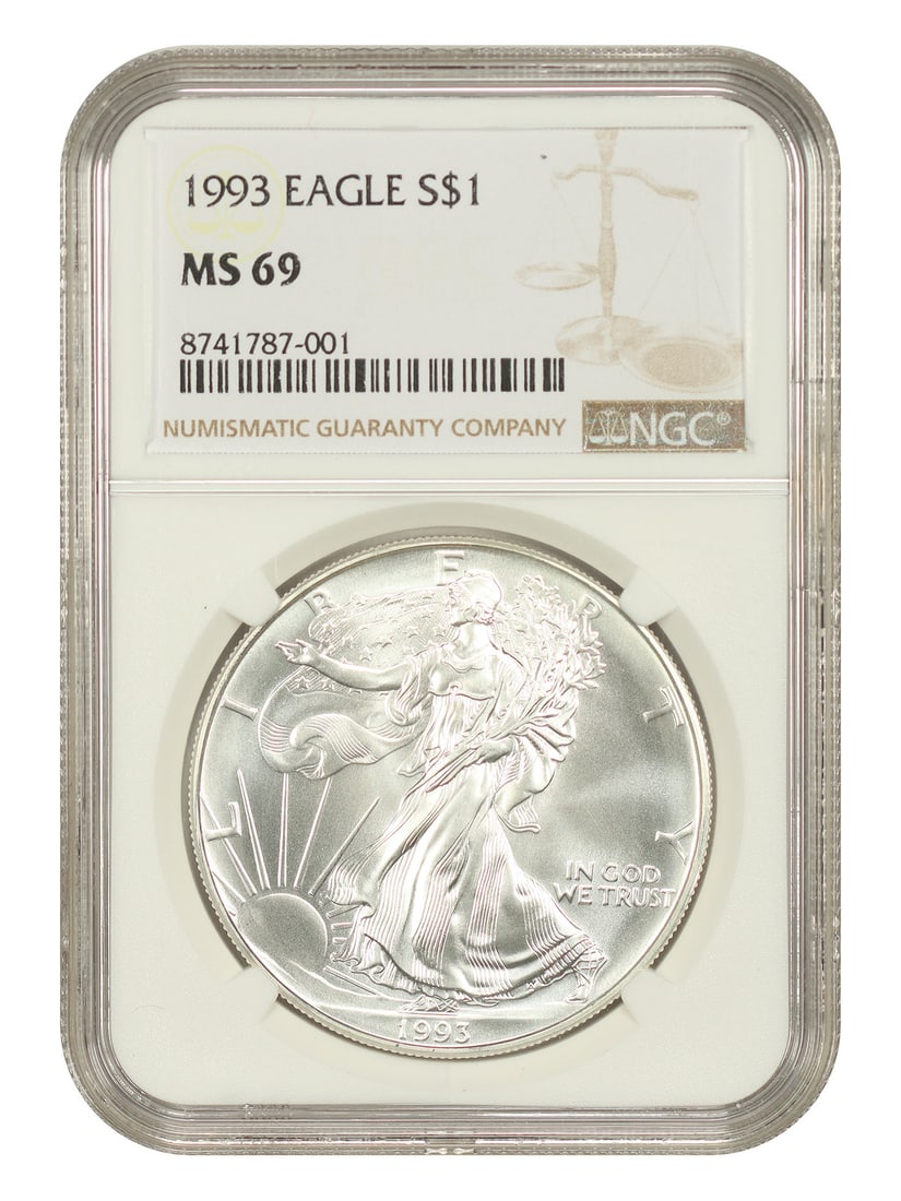 1993 NGC MS69 Silver Eagle Dollar Uncirculated Coin: 1993 NGC MS69 Silver Eagle Dollar Uncirculated Coin 1993 $1 Silver Eagle graded NGC MS69. The coin is uncirculated and certified by NGC, with certification number 8741787001. Condition is pre-owned. S