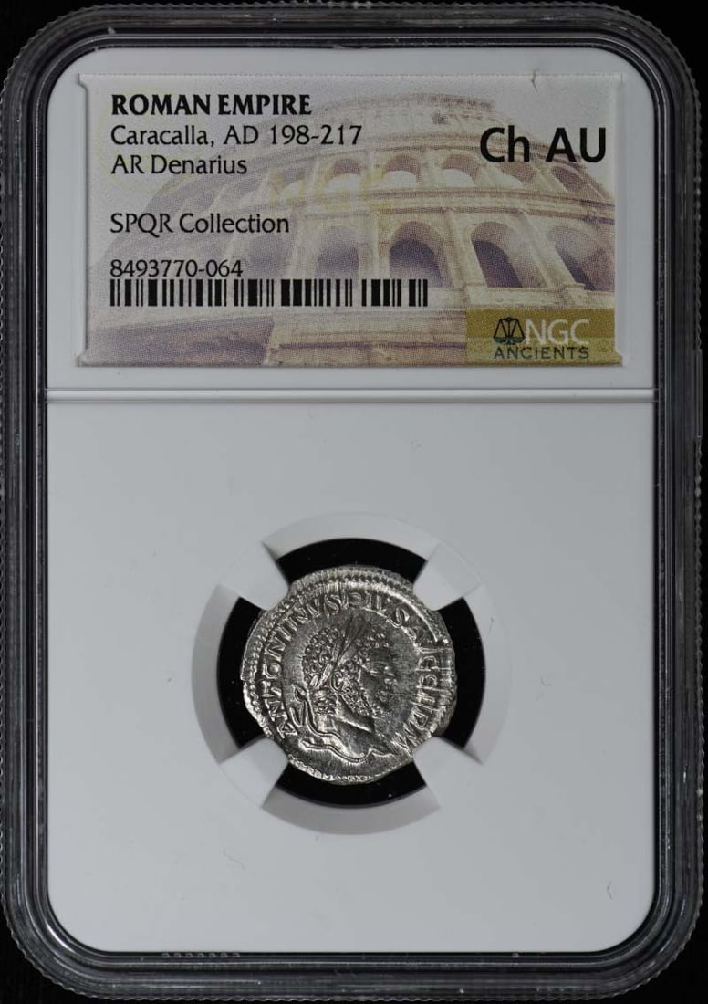 NGC AU55 Silver Denarius Coin of Caracalla Roman Empire: NGC AU55 Silver Denarius Coin of Caracalla Roman Empire This is a Roman Empire AR Denarius coin from the reign of Caracalla, who ruled from AD 198 to 217. The coin has been certified by NGC and graded