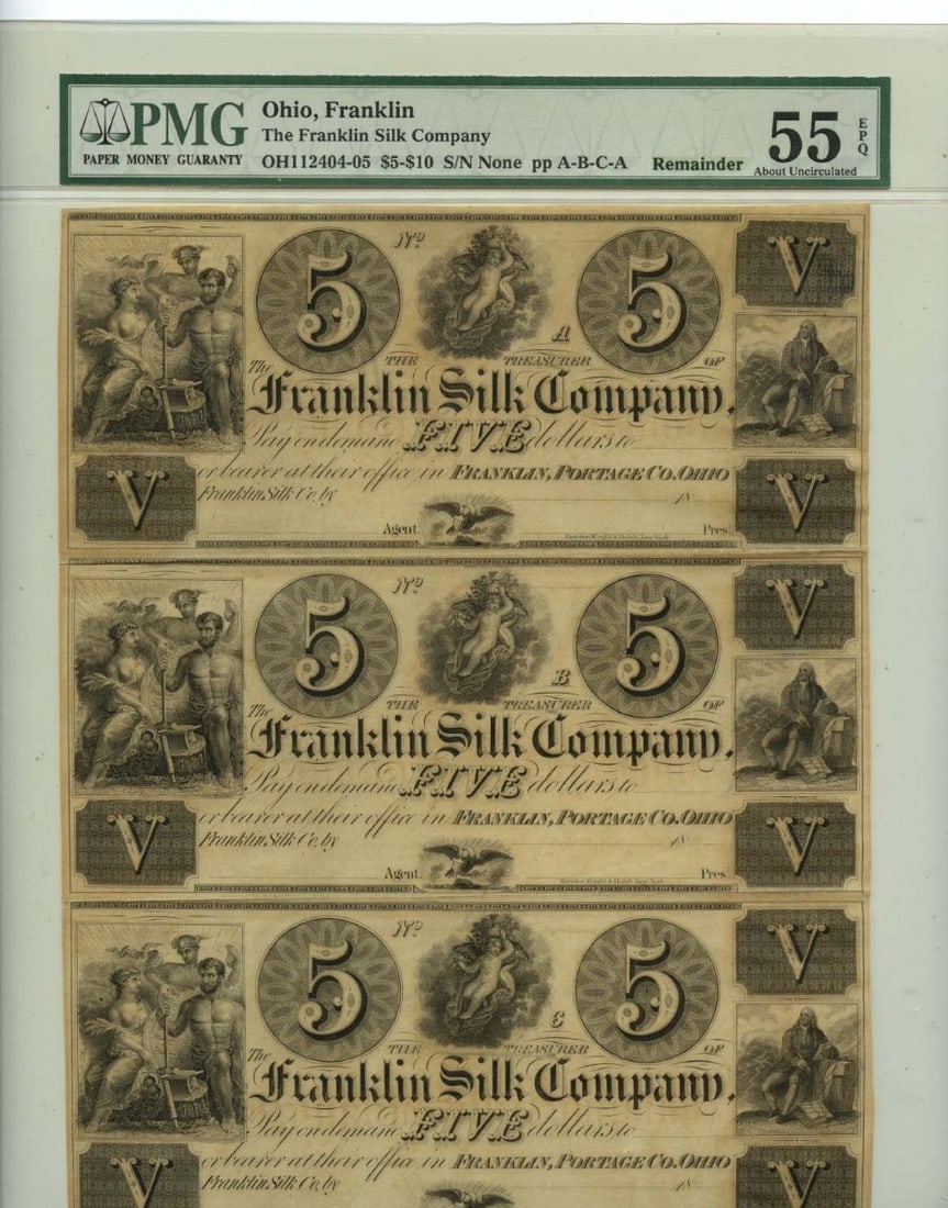 PMG AU55 EPQ Uncut Obsolete Note Sheet Franklin Silk Co Ohio 1830s (1 of 3)