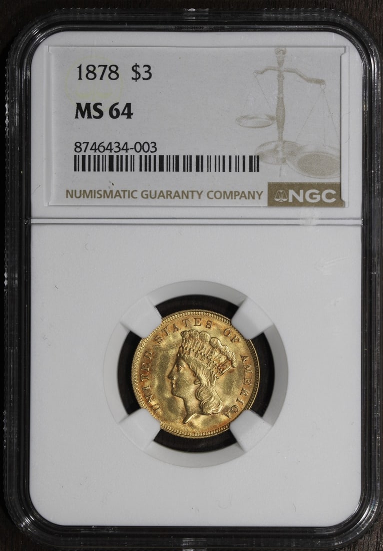 1878 $3 Gold Indian Princess NGC MS64: 1878 $3 Gold Indian Princess NGC MS64 This is an 1878 Indian Princess Three Dollar Gold Coin with a denomination of $3. Graded MS64 by NGC, this pre-owned coin was minted in Philadelphia and is compos