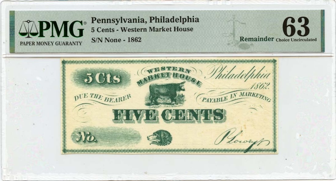 1862 5 Cents NGC Certified Obsolete Note MS63 Western Market House: 1862 5 Cents NGC Certified Obsolete Note MS63 Western Market House This 1862 5 Cents note from the Western Market House, Pennsylvania, is a remarkable piece of currency history. Certified by NGC with 