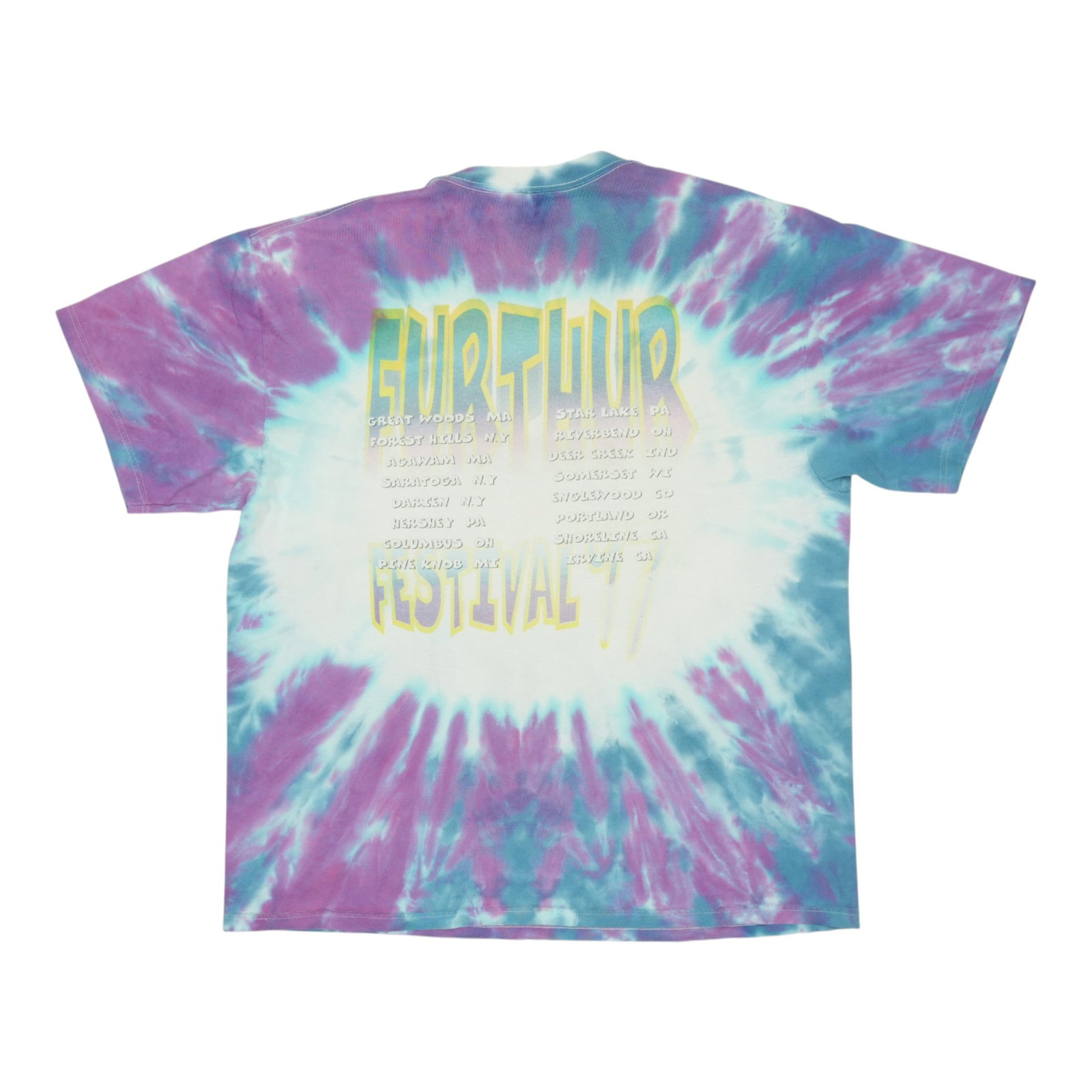 Vintage 1997 Further Festival Tour Cotton Tie Dye Graphic Shirt XL: Vintage 1997 Further Festival Tour Cotton Tie Dye Graphic Shirt XL This is an original vintage 1997 Further Festival Tour tie dye shirt, featuring both front and back graphics. The shirt is made from 