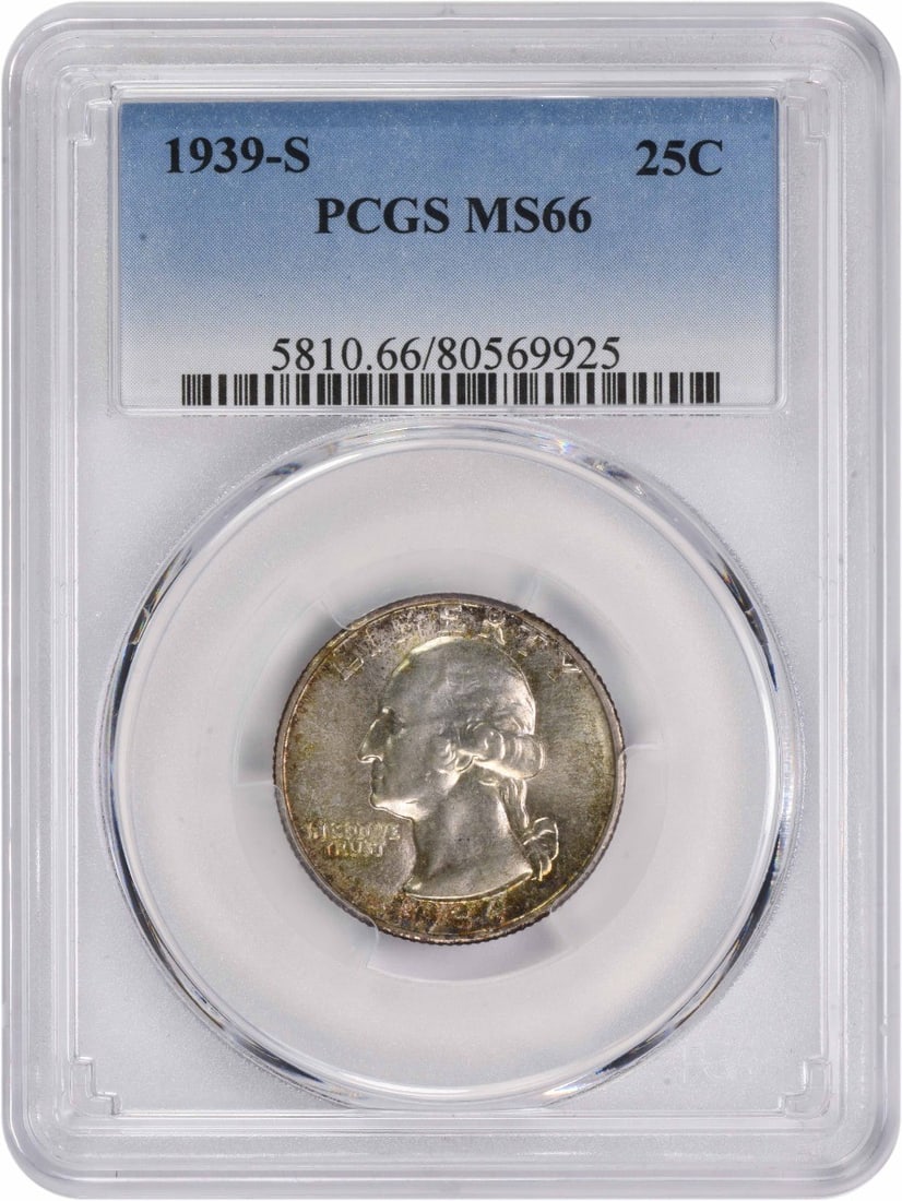 1939-S Washington Silver Quarter MS66 PCGS Uncirculated 90% Silver: 1939-S Washington Silver Quarter MS66 PCGS Uncirculated 90% Silver This 1939-S Washington Silver Quarter is a stunning example of numismatic artistry, graded MS66 by PCGS. It features a composition of