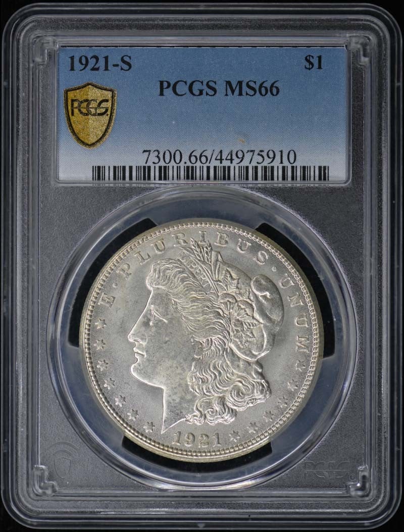 PCGS MS66 1921-S San Francisco Morgan Dollar: PCGS MS66 1921-S San Francisco Morgan Dollar This is a 1921 Morgan Dollar graded MS66 by PCGS. It is an uncirculated coin from the San Francisco mint, featuring the classic design known for this denom