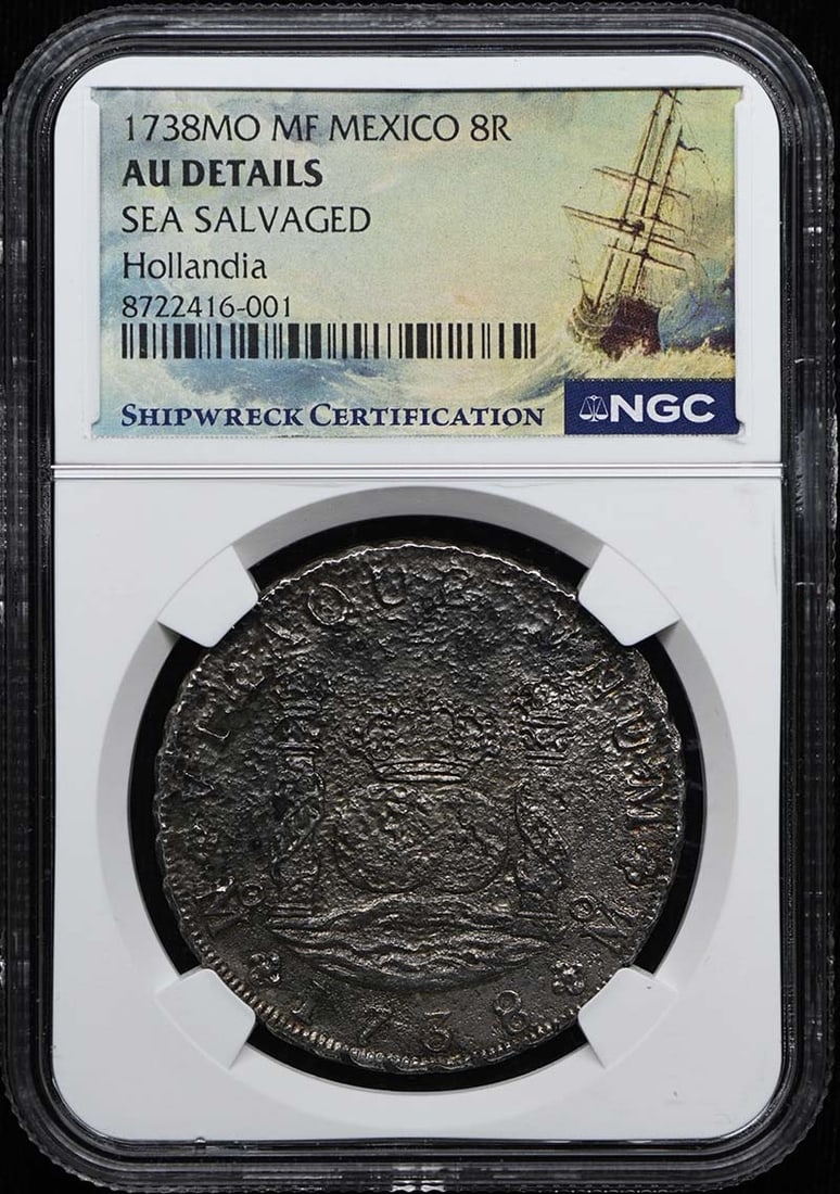 Mexico 1738MO MF 8R NGC AU Details Hollandia Sea Salvaged Coin: Mexico 1738MO MF 8R NGC AU Details Hollandia Sea Salvaged Coin 1738 Mexico 8 reales coin certified by NGC as AU Details. This pre-owned, sea-salvaged example from the Hollandia is listed as circulated